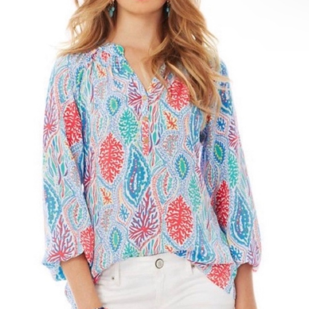 Lilly Pulitzer Multicolor Printed Peasant Tunic - Blue, Coral, Green